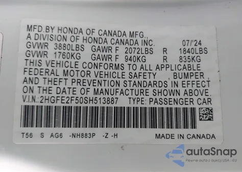 2025 Honda Civic Sport z USA, uszkodzony, nr VIN 2HGFE2F50SH513887